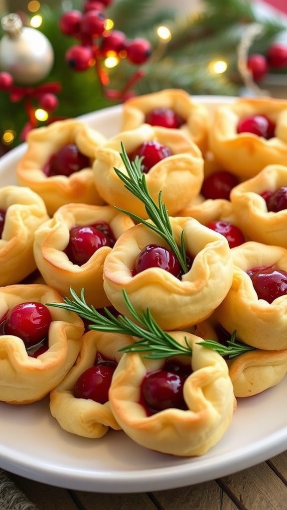 Golden cranberry brie bites on a festive platter, garnished with rosemary, ready to be served.
